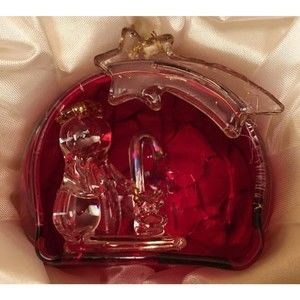 Italian Red Glass Ornament Gold Accent Clear Glass Nativity Inside  w/ Box